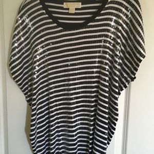 Michael Kors Black & White Stripe Sequin Top Womens Med